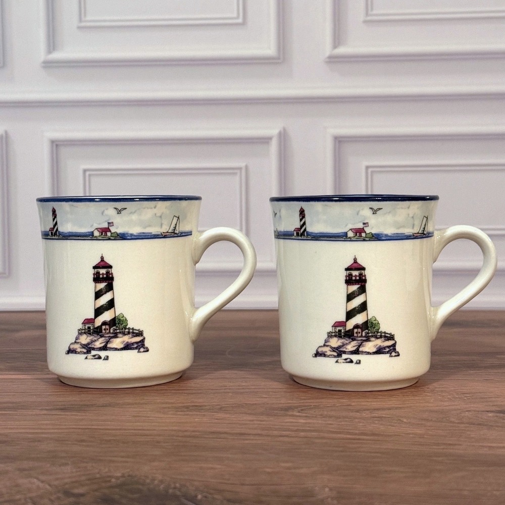 VTG PAIR (2) Coastal Lighthouse Mugs MSY11 by Mainstays 10 oz. Nautical Decor